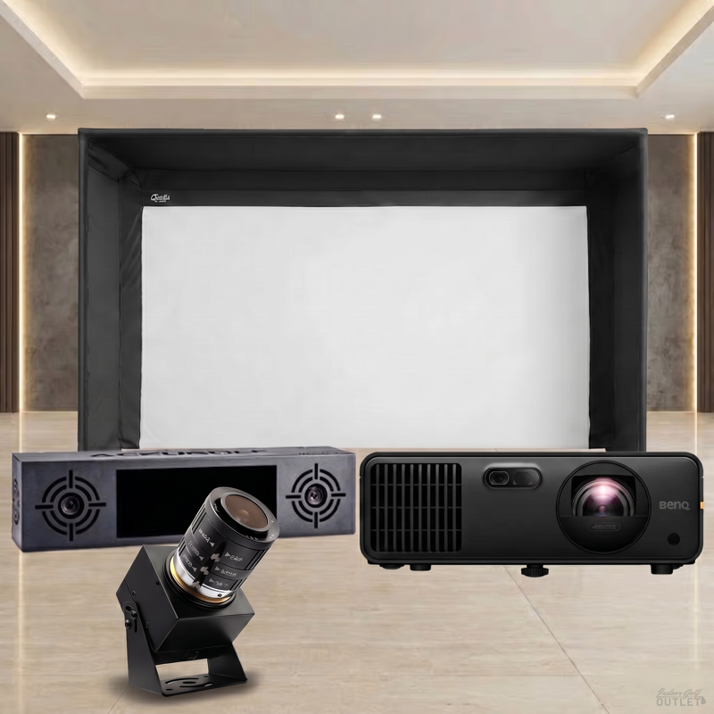 AccuGOLF Hawkeye Launch Monitor Carl's Place Pro Golf Simulator Enclosure Projector Package — shown with the AccuGOLF swing camera.