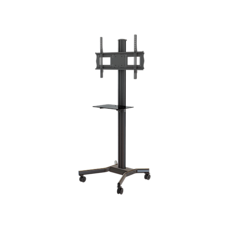 Adjustable Mobile Cart with Tempered Glass Shelf for 37" to 70" Screens front view of the black metal stand with the glass shelf attached and a wheeled base.