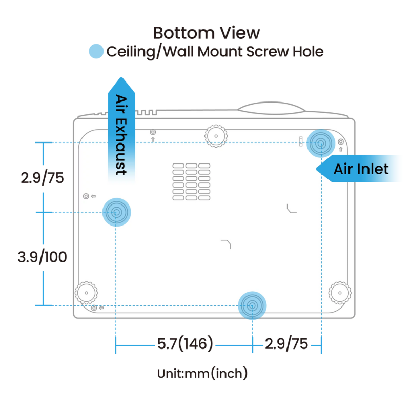 BenQ AH700ST 4000-Lumen Short Throw 1080P Laser Golf Simulator Projector bottom view with dimensions.