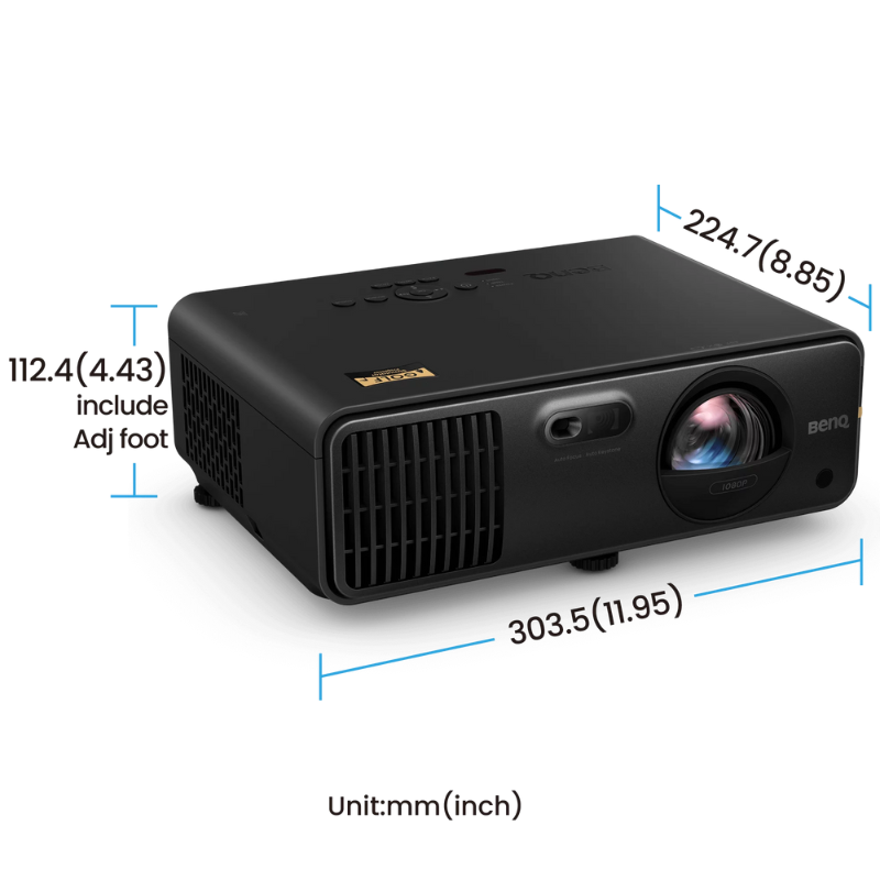 BenQ AH700ST 4000-Lumen Short Throw 1080P Laser Golf Simulator Projector front view with dimensions.