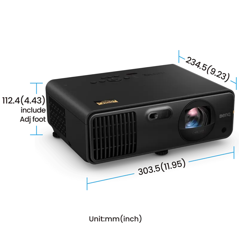 BenQ AK700ST 4000-Lumen 4K Short Throw Laser Golf Simulator Projector angled view with dimensions.