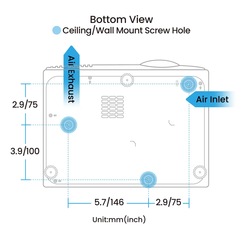 BenQ AK700ST 4000-Lumen 4K Short Throw Laser Golf Simulator Projector bottom view with mounting.