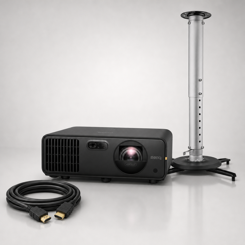 BenQ AK700ST golf simulator projector with the BenQ CM00G3 ceiling mount and a coiled 30' HDMI cable.