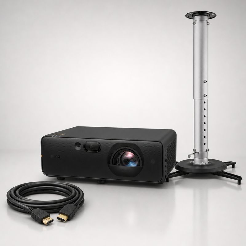 BenQ AK800ST golf simulator projector with the BenQ CM00G3 ceiling mount and a coiled 30' HDMI cable.