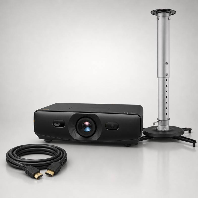 BenQ AK900ST golf simulator projector with the BenQ CM00G3 ceiling mount and a coiled 30' HDMI cable.