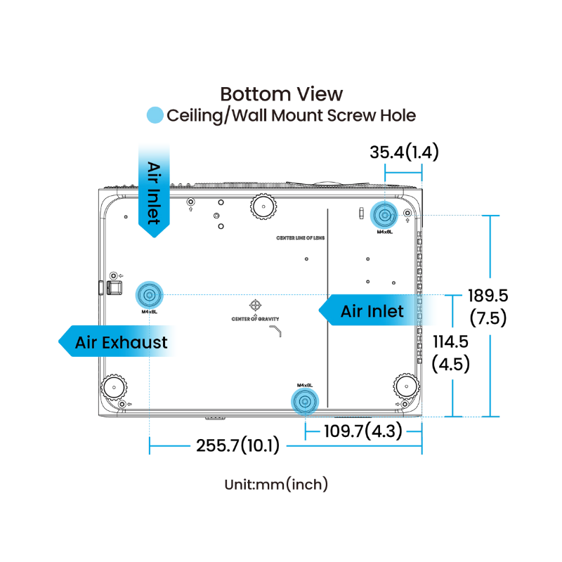 BenQ AW30ST 3200 Lumen Short Throw WXGA LED Golf Simulator Projector bottom view dimensions.