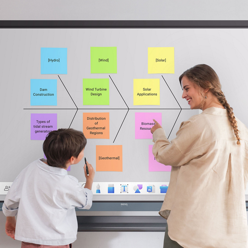 BenQ Board Essential 4K Interactive Display a teacher and student collaborating on the digital whiteboard.