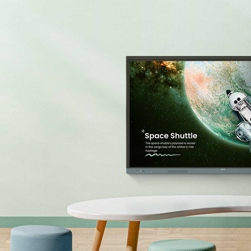 BenQ Board Essential 4K Interactive Display mounted on a classroom wall.