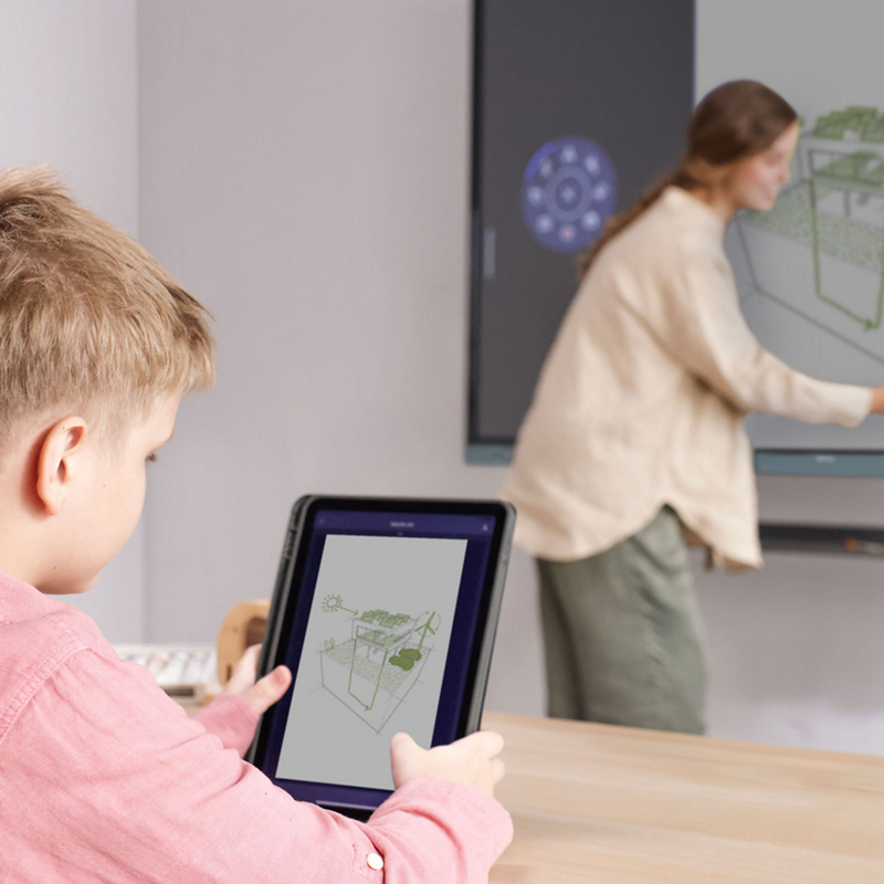 BenQ Board Essential 4K Interactive Display a student sharing content from a tablet to the board.