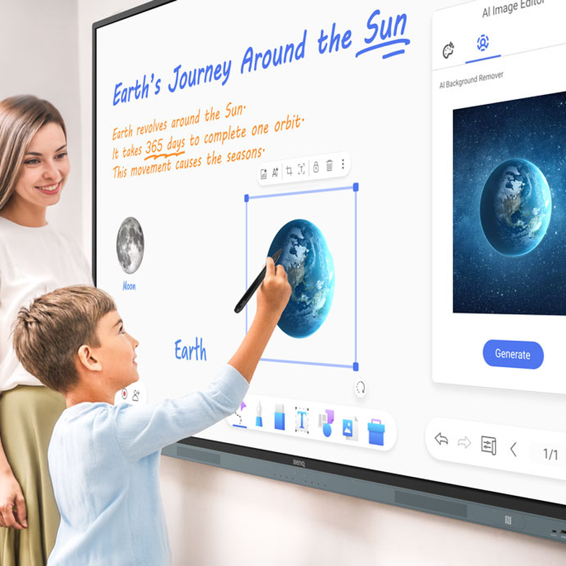 BenQ Board Master 4K Interactive Display a teacher and student annotating a lesson on the touchscreen.