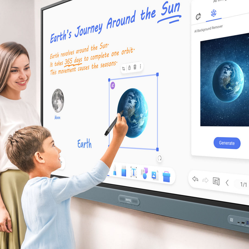 BenQ Board Pro 4K Interactive Display a teacher and student annotating a lesson on the touchscreen.