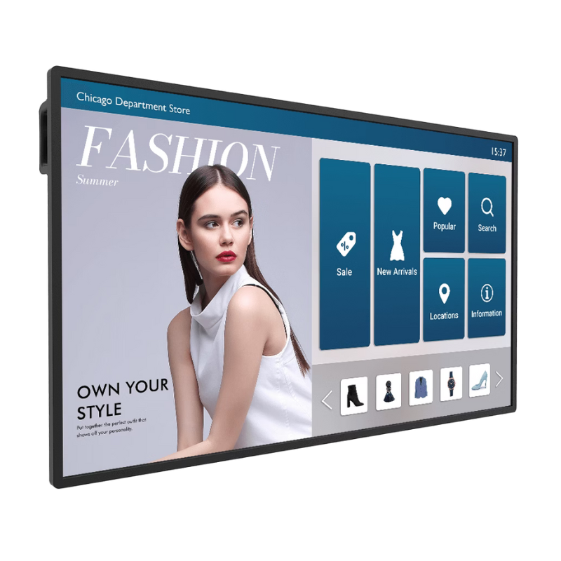 The BenQ IL5501 55" 4K Interactive Monitor front angled view with digital fashion ad.