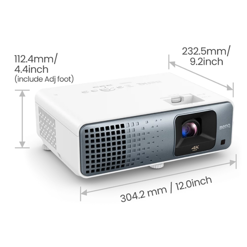 BenQ TK710 4K 3200lm Laser Casual Gaming Projector front view with dimensions.