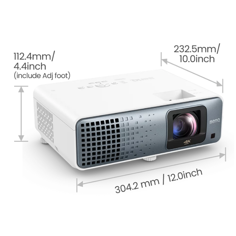 BenQ TK710STi 4K 3200lm Laser Short Throw Casual Gaming Projector front view with dimensions.