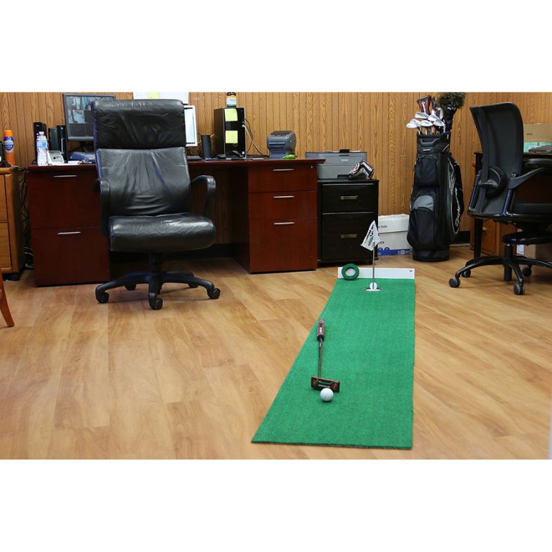 Big Moss Golf Office Fit Putting Green with flag stick.
