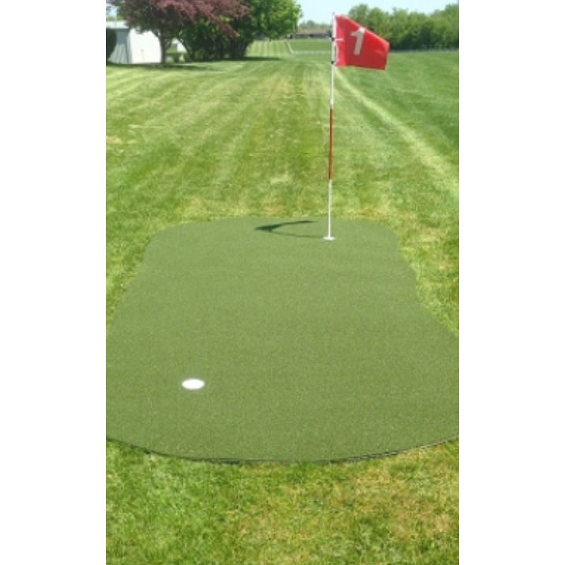 Big Moss Golf Outdoor Putting and Target Green shown outdoors with two cups and flag stick.