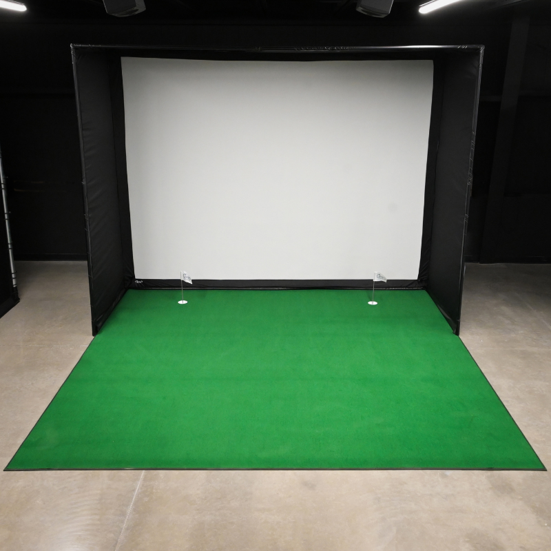 Big Moss Golf Simulator Putting Turf with golf simulator enclosure.