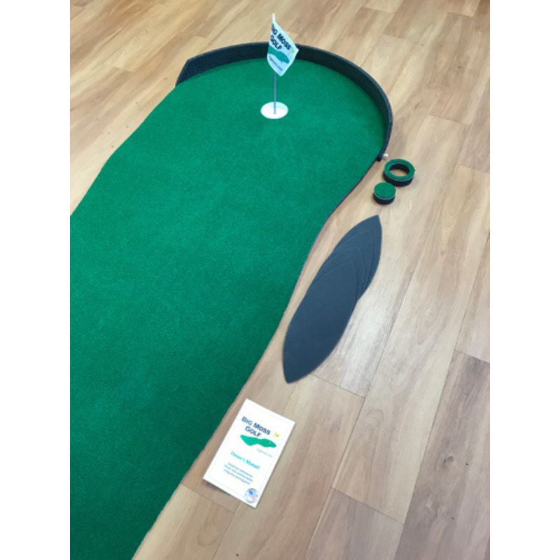 Big Moss Golf The Original EX1 V2 putting green with break pads, flag stick, cup sleeves, and manual.