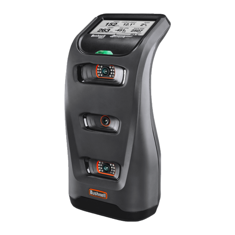 Bushnell Golf Launch Pro Launch Monitor angled left view display and cameras.