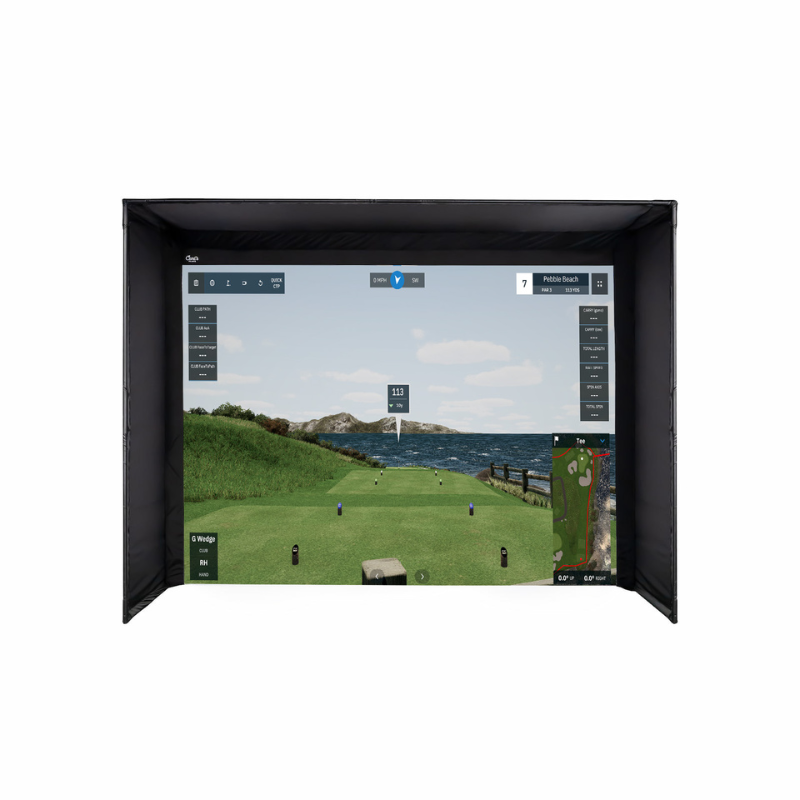 Carl&#39;s Place DIY Golf Simulator Enclosure Kit with Impact Screen and golf course projected on screen.