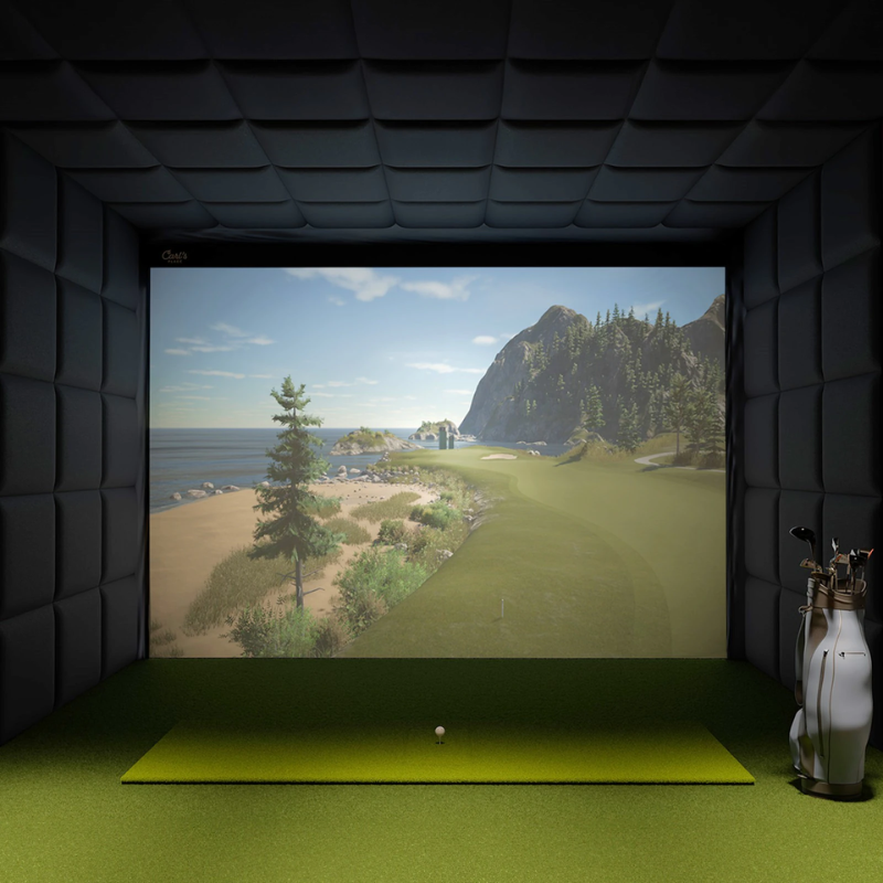 Carl&#39;s Place Built-In Golf Room Kit with Hitting Mat and golf bag.