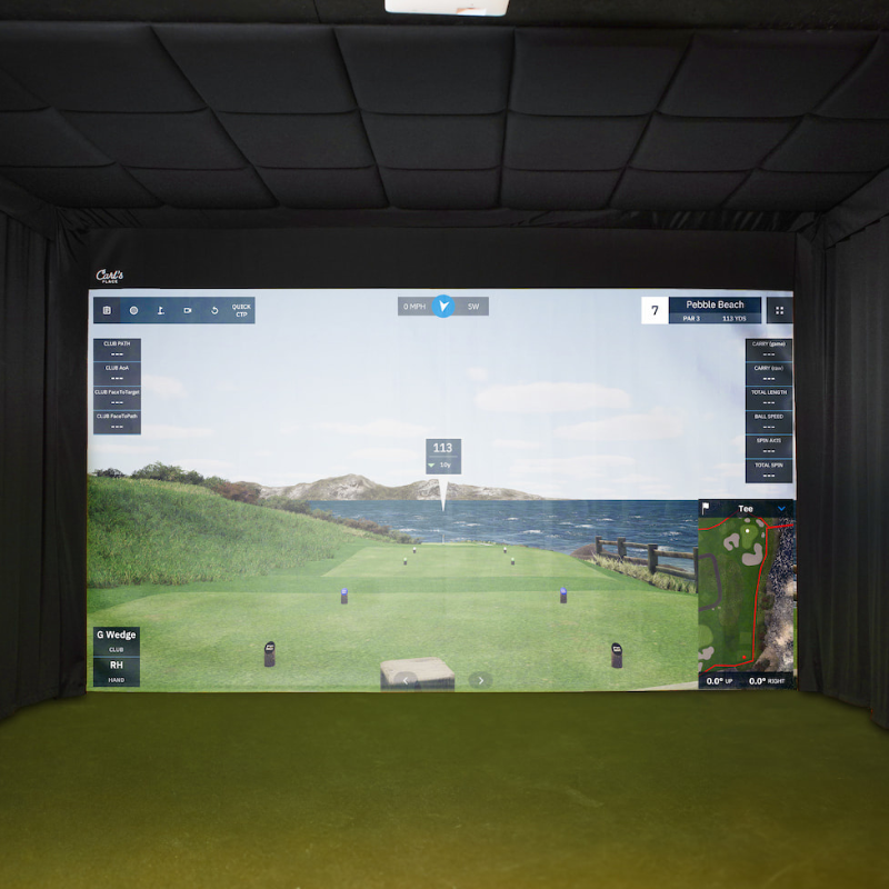 Carl&#39;s Place Built-In Golf Room Kit with Retractable Curtains and Ceiling Panels.