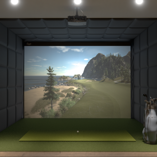 Carl&#39;s Place Built-In Golf Room Kit with Hitting Mat and golf bag.