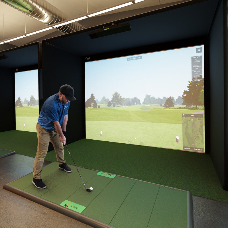 Carl's Place C-Series Pro Golf Simulator Enclosure Kit with Impact Screen front angled view commercial golf sim golfers andys place square.
