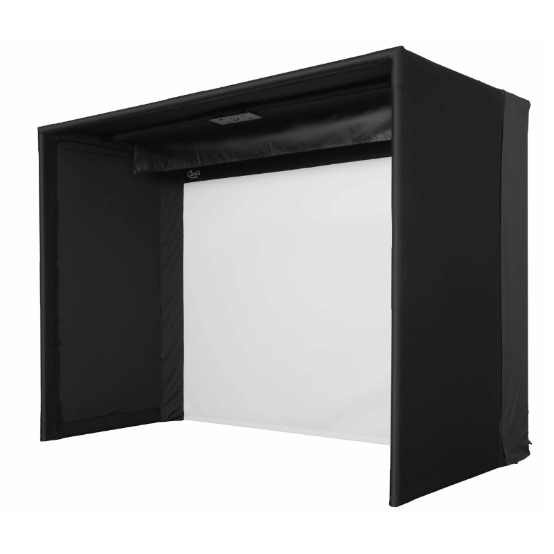 Carl's Place C-Series Pro Golf Simulator Enclosure Package front view with baffle.