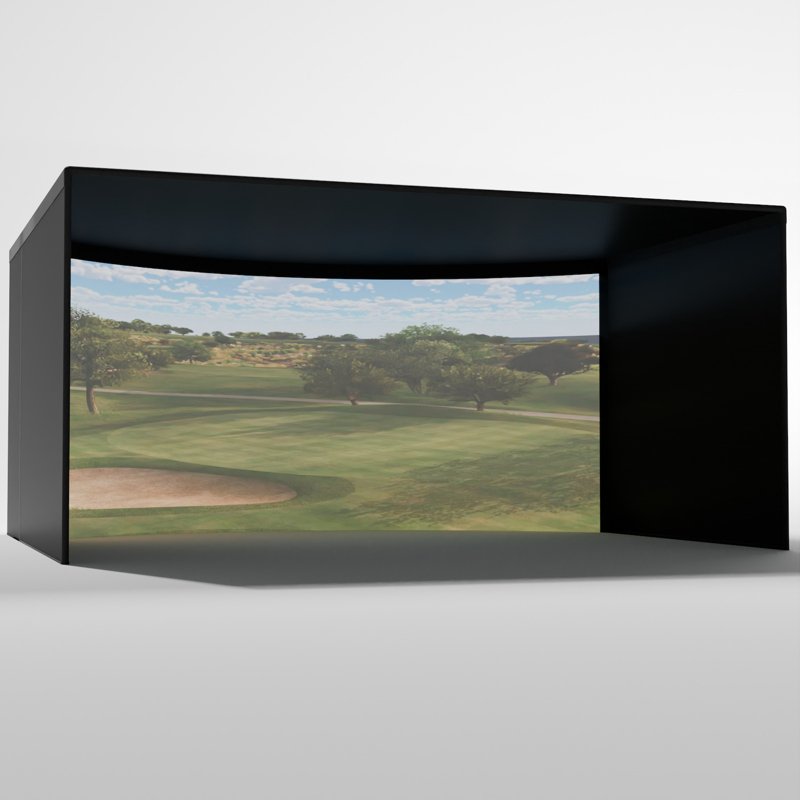 Carls Place Curved Golf Simulator Enclosure angled view curved screen black enclosure golf scene.