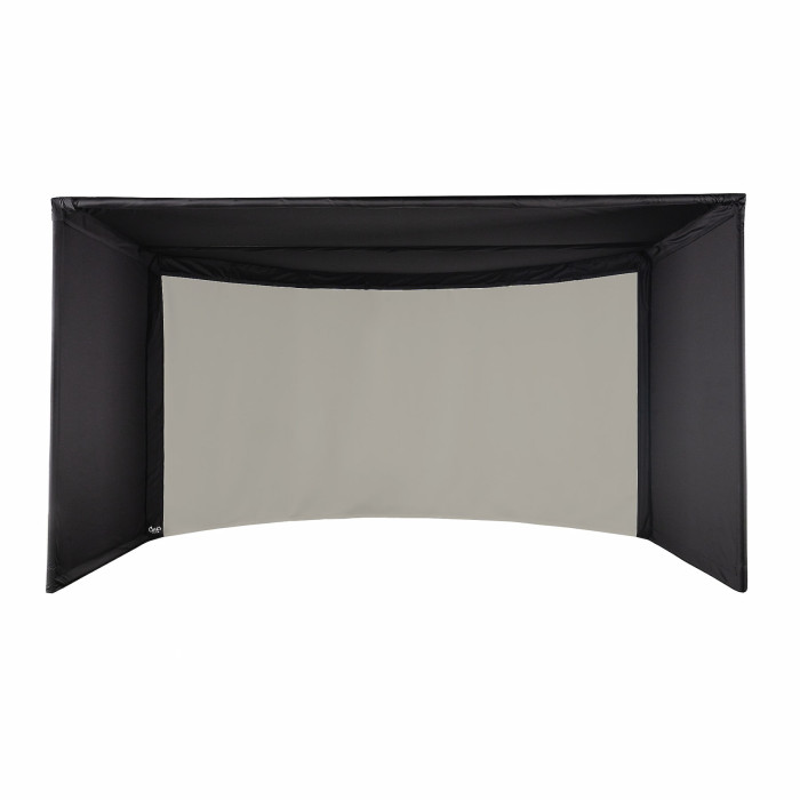 Carls Place Curved Golf Simulator Enclosure front view curved gray impact screen black frame.