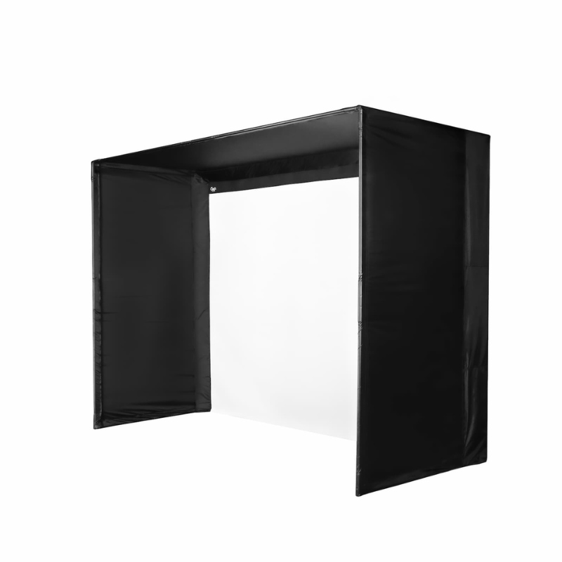 Carl's Place DIY Golf Simulator Enclosure Kit with Impact Screen side view and back cover.