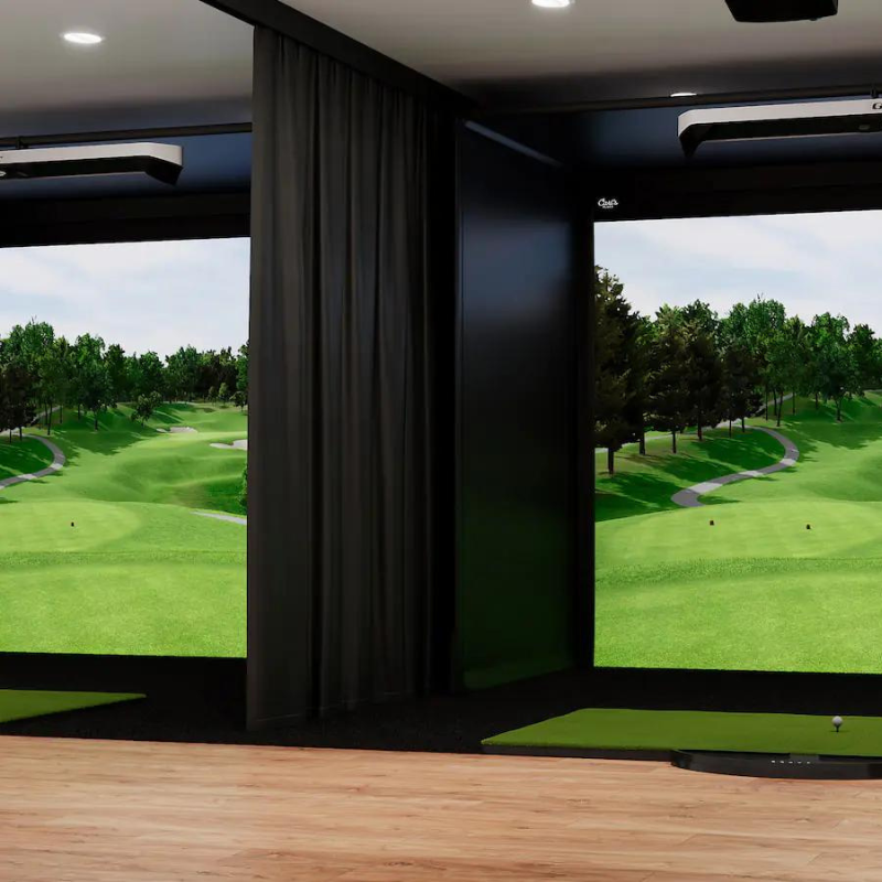 Carl&#39;s Place Golf Room Curtain in a commercial golf simulator.