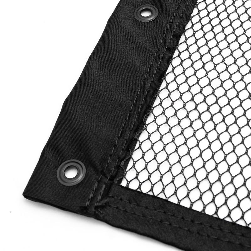 Carls Place Golf Room Netting corner closeup of black mesh netting with grommets.