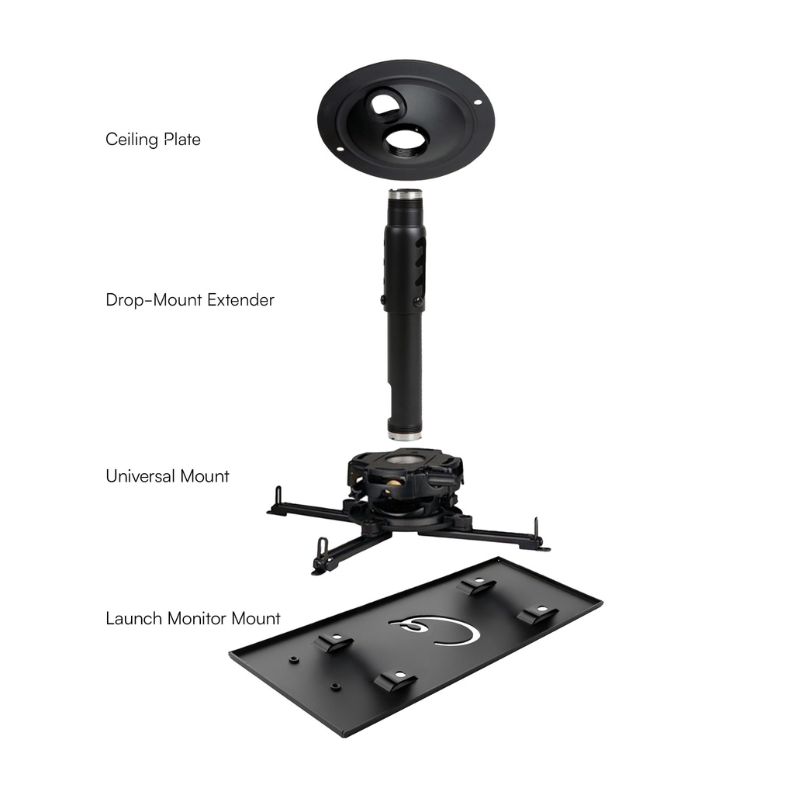 Carl's Place Launch Monitor Ceiling Drop Mount Kit universal mount complete setup labelled.