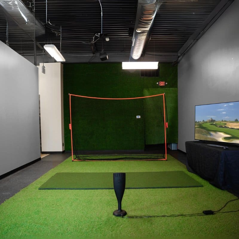 Carl&#39;s Place Nova Series Golf In A Box 1 Simulator straight on view of hitting strip.