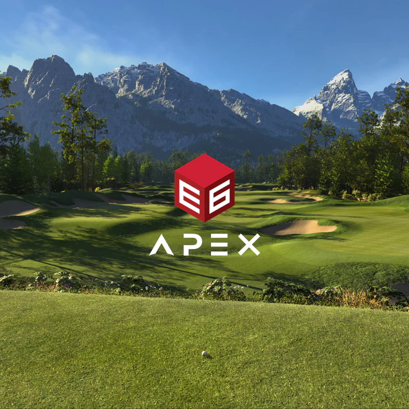 E6 Apex Expanded digital golf course logo over green fairway and mountains.