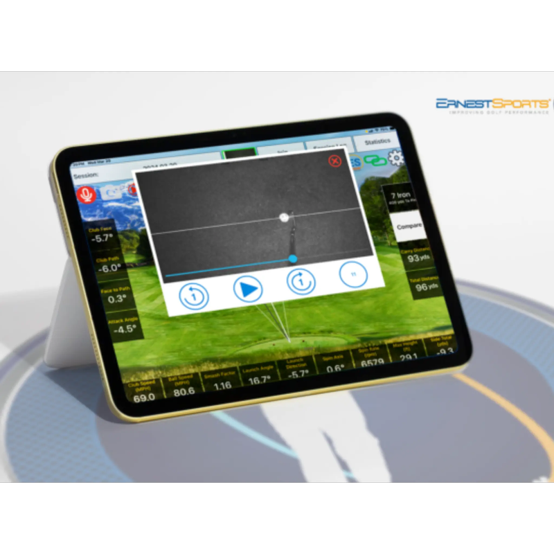 ES Eagle Sim ES Golf app showing slow motion swing video and shot data on a tablet.