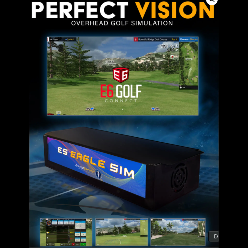 ES Eagle Sim overhead golf simulation running E6 Connect on a simulator screen.