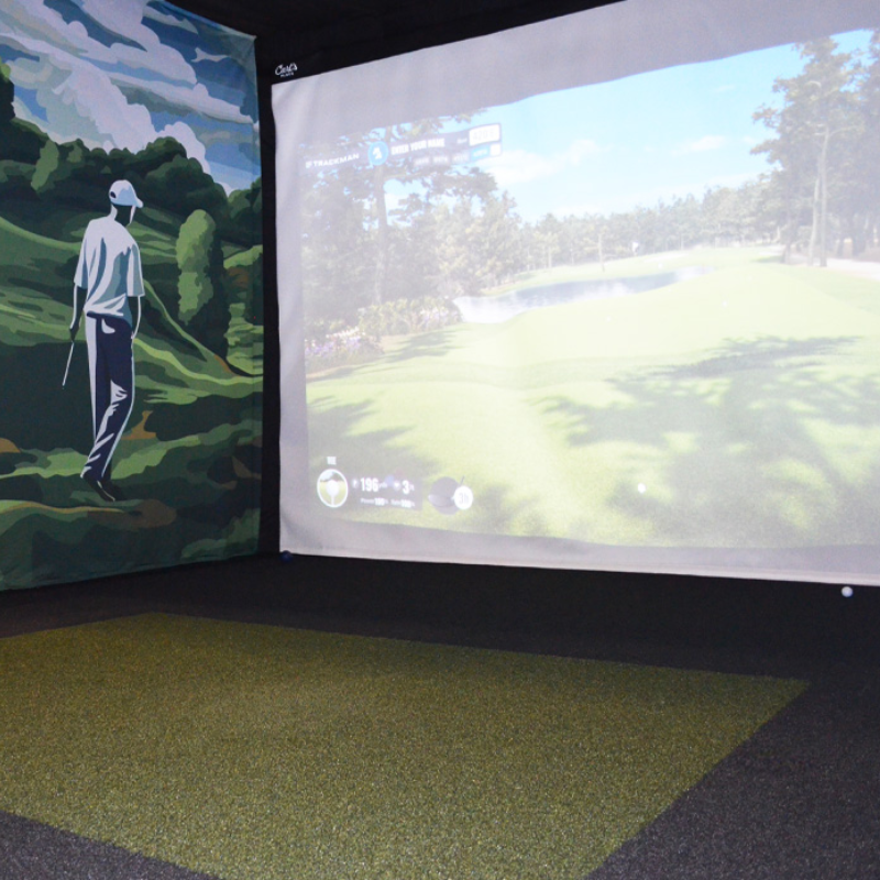 EZTee Camo Golf Hitting Mat and Tee Line Turf example of turf used in golf simulator enclosure.