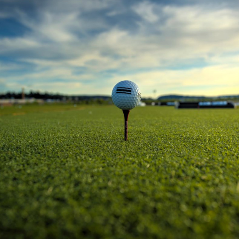 EZTee Poly Golf Hitting Mat And Tee Line Turf low angle view of golf ball on tee on green turf.