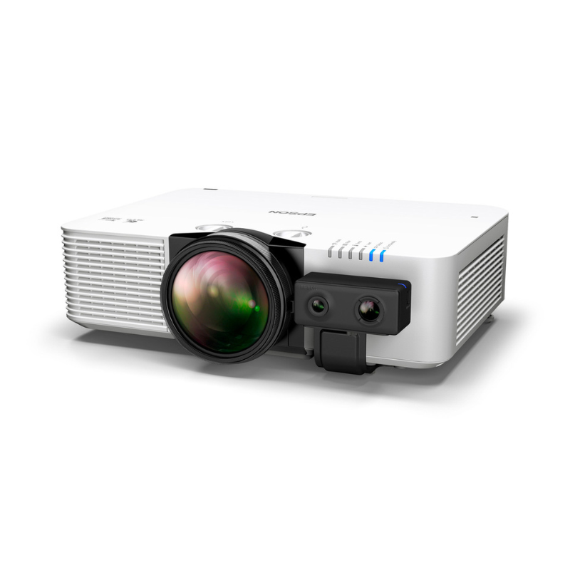 Epson L690SE PowerLite 6000 Lumen WUXGA Short Throw 3LCD Laser Projector with 4k Enhancement left angled view with sensor.