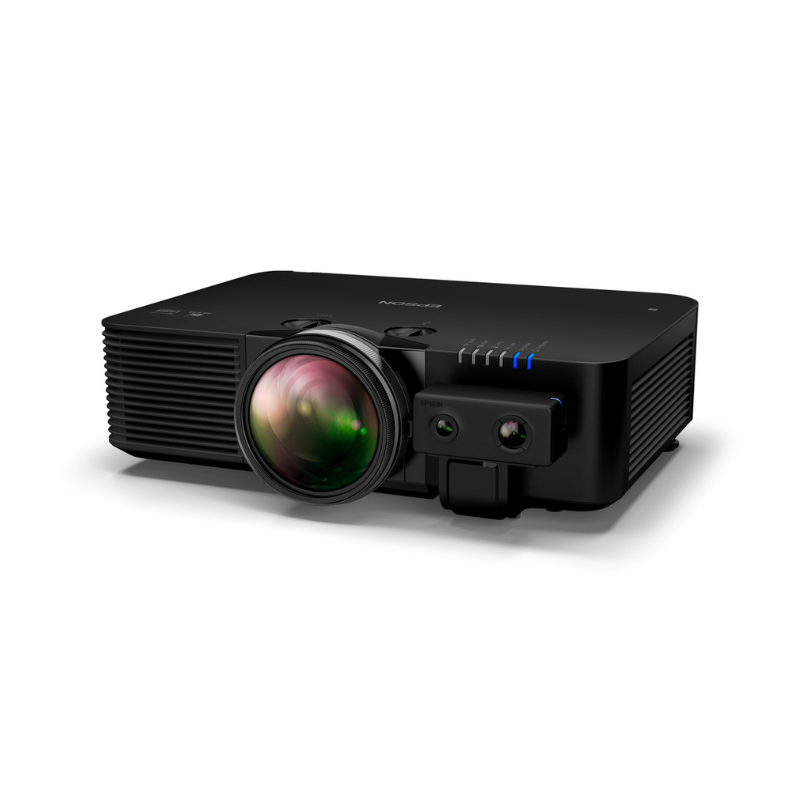 Epson L695SE PowerLite 6000 Lumen WUXGA Short Throw 3LCD Laser Projector with 4K Enhancement angled front left view with sensor.