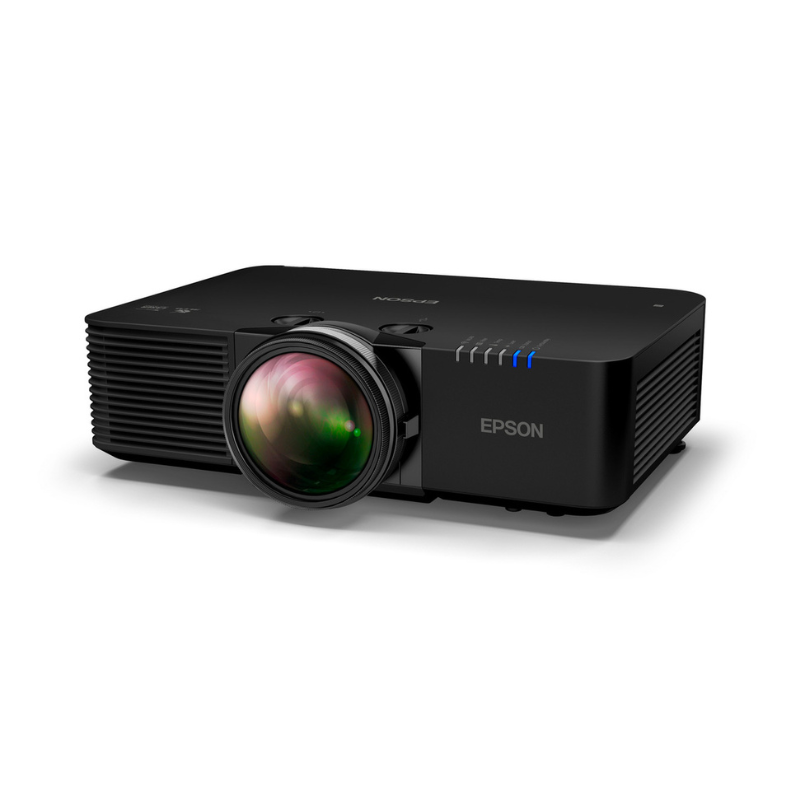 Epson L695SE PowerLite 6000 Lumen WUXGA Short Throw 3LCD Laser Projector with 4K Enhancement angled front left view.