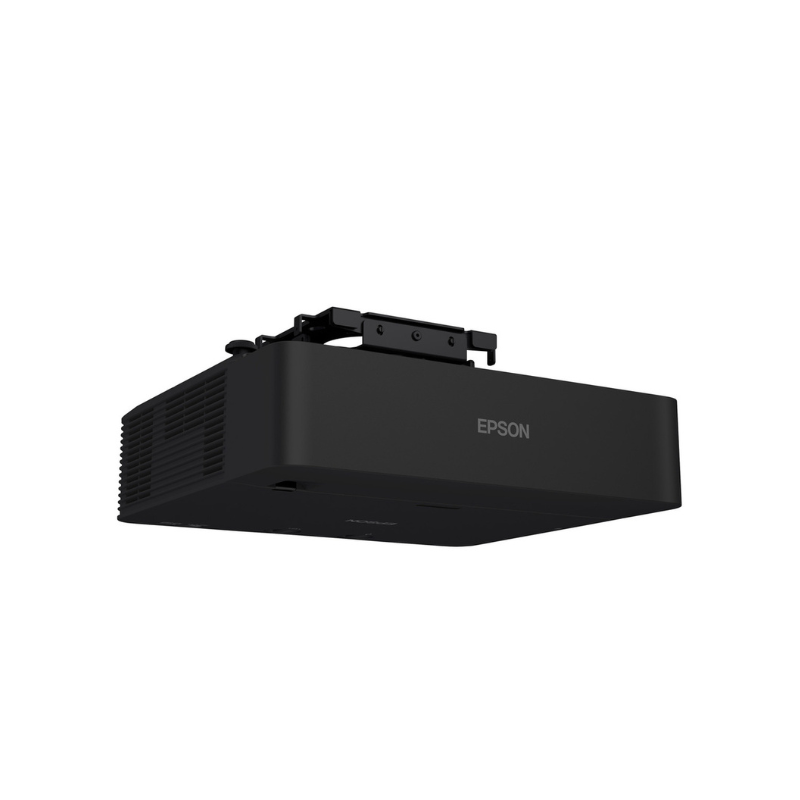 Epson L695SE PowerLite 6000 Lumen WUXGA Short Throw 3LCD Laser Projector with 4K Enhancement angled rear left black compact ceiling mount black projector.
