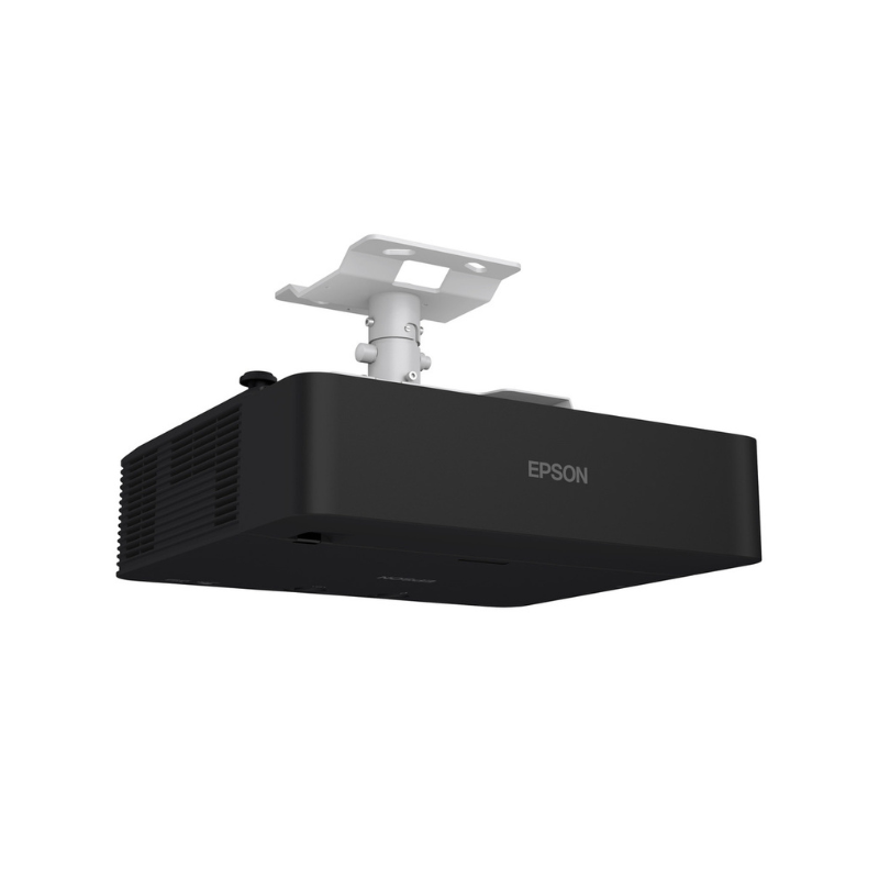 Epson L695SE PowerLite 6000 Lumen WUXGA Short Throw 3LCD Laser Projector with 4K Enhancement angled rear left ceiling mount black projector.