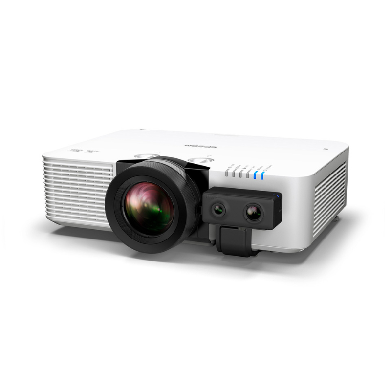 Epson L790SE PowerLite 7000 Lumen WUXGA Short Throw 3LCD Laser Projector with 4K Enhancement left angled view with sensor.