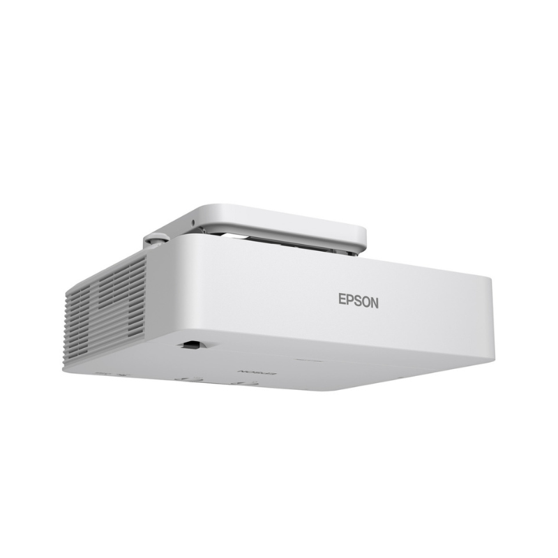 Epson L890E PowerLite 8000 Lumen WUXGA Normal Throw 3LCD Laser Projector with 4K Enhancement collapsed mount rear angle view with logo.