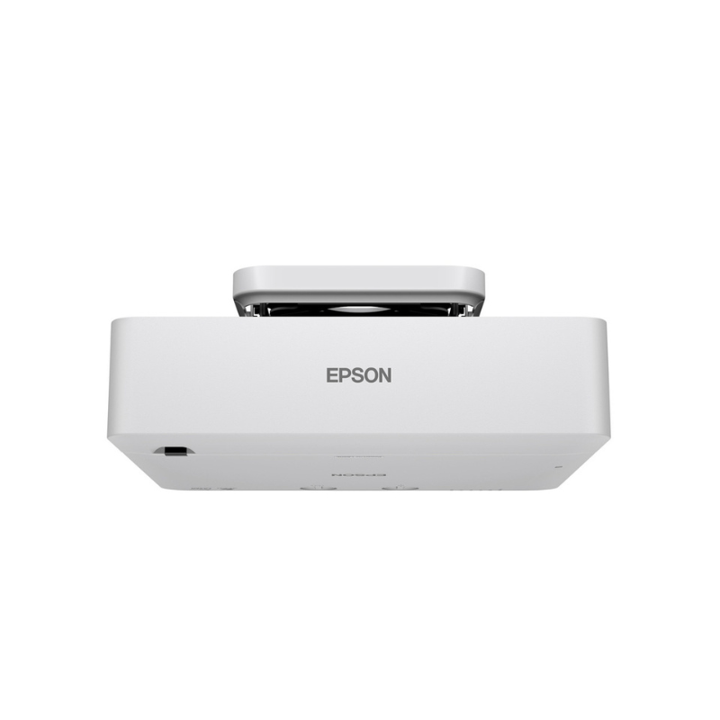 Epson L890E PowerLite 8000 Lumen WUXGA Normal Throw 3LCD Laser Projector with 4K Enhancement collapsed mount rear view with logo. 