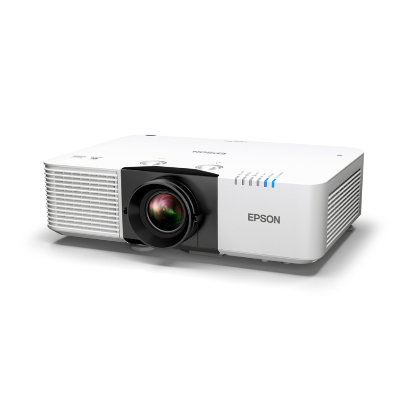 Epson L890E PowerLite 8000 Lumen WUXGA Normal Throw 3LCD Laser Projector with 4K Enhancement left angled view with lens.